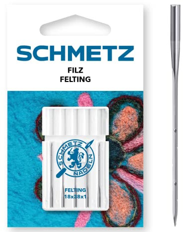 SCHMETZ | 5 Agujas para máquinas de coser | Fieltro | 18x38x1 | Grosor 100/16 | Adecuadas para trabajos decorativos con fieltro punzonado