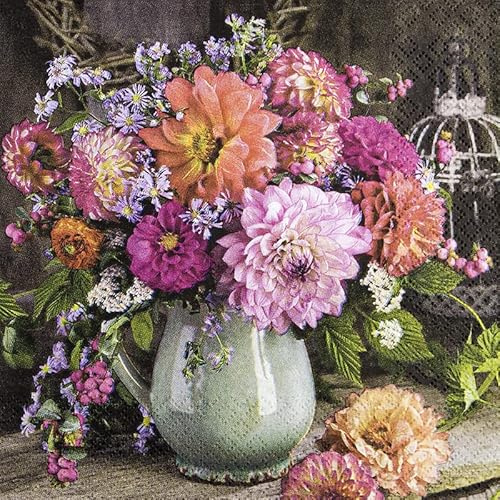 20 Servietten Dahlien in Blumenvase | Blumen | Sommer | Herbst | basteln | neutral | zeitlos | Tischdeko | Decoupage | Serviettentechnik 33x33cm