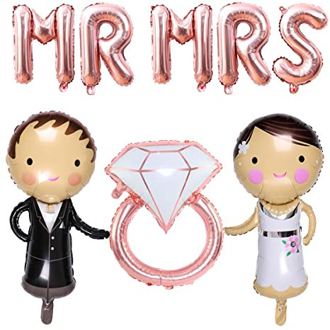 Kawailay 8 Stück Hochzeits Ballons Brautpaar Folienballon Braut Bräutigam Ballon Diamant Ring Mr Mrs Luftballon für Heiratsantrag Verlobung Hochzeit Valentinstag Roségold