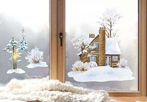 wolga-kreativ Fenster Fensterbilder Glasdekorfolie Motiv Fensterfolie FenstertattooWinter Weihnachten Advent Haus Winterbaum Aufkleber Fenster wiederverwendbar Kinderzimmer Deko