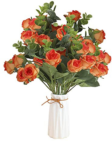 4pcs Künstliche Blumen Rosen wie echt Kunstblumen Frühling Schleierkraut Eukalyptus Blumenstrauß Pflanzen Blumenarrangements Hochzeit Rosen Seidenblumen für Tischdeko Büro Balkon Dekoration,Orange