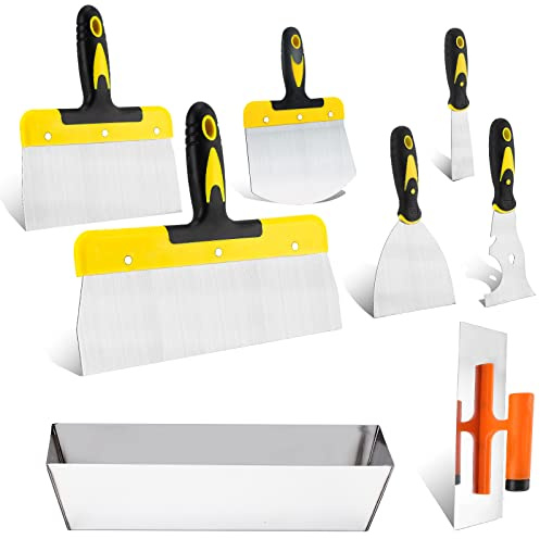 DEKEones Drywall Knife Set, 8 Pieces Stainless Steel Drywall Hand Tool Kit Includes Taping Knives, Putty Knives, Finishing Trowel, Mud Scoop and 12 Mud Pan with Ergonomic Handles for Drywall Work