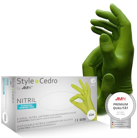 AMPri Guanti in nitrile, cedro, verde, 100 pezzi/scatola, taglia M, senza polvere, stile cedro by Med-CComfort: guanti monouso in nitrile nelle taglie XS, S, M, L, XL