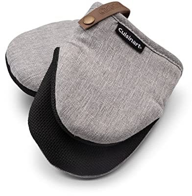 Cuisinart Mini Mitt Oven Mitts Set of 2 - Grey Oven Mitts Heat Resistant, with Non Slip Neoprene, Faux Leather Hanging Loop and Light Grey Exterior