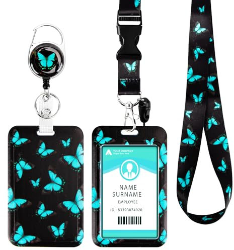 DUOUPA Ausweishülle mit Band, Ausziehbarer Schlüsselanhänger Badge Holder, Schlüsselband mit Karabiner für Frauen, Lehrer, Krankenschwester, Doktor, Student(Blauer Schmetterling)
