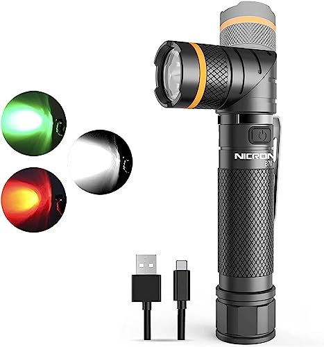 NICRON B701 LED Taschenlampe mit Rotlicht Grünlicht, USB Wiederaufladbare 1200 Lumen, 90 Grad Drehbar Kopf, Magnetische Basis, IP65 Wasserfest Robust für Outdoor Abenteuer Nachtsicht Notfälle