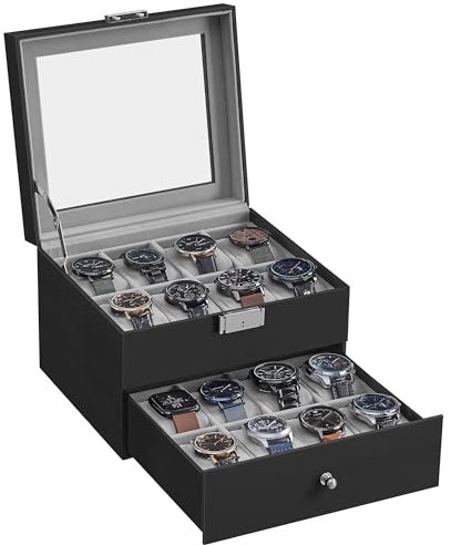 SONGMICS Uhrenbox, Uhrenkasten mit Glasdeckel, 2 Ebenen, Uhrenkoffer mit herausnehmbaren Uhrenkissen, Uhrenschatulle, Geschenkidee, PU-Bezug in Schwarz, Samtfutter in Grüngrau JWB016G01