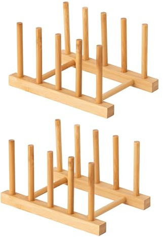 HBlife 2pcs Bamboo Dish Plate Bowl Cup Book Pot Lid Cutting Board Drying Rack Stand Drainer Storage Holder Organizer Kitchen Cabinet