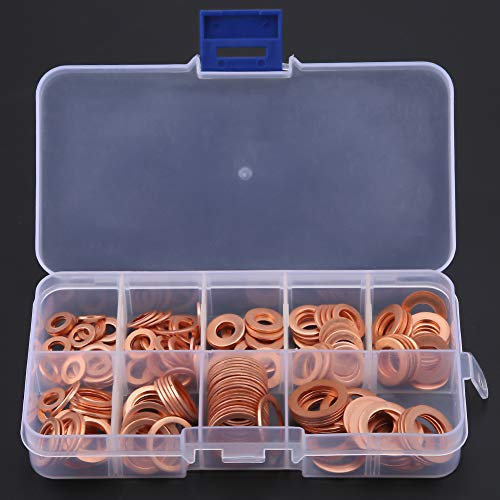 Juego de Surtido de Arandelas de Cobre de 200 Piezas, Anillo Plano de Junta de Arandela de Cobre, Arandelas de Sellado Métricas de Cobre M5 M6 M8 M10 M12 M14