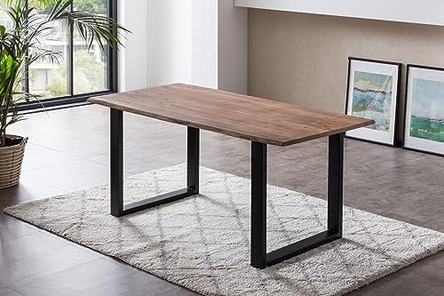 Bett11 SAM B-Ware Esszimmertisch 160x85 cm Becky, Baumkantentisch aus Akazienholz, massiv + stonefarben, U-Metallgestell Schwarz, Esstisch mit echter Baumkante