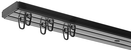 RENA Vorhangschiene 2-läufig Gardinenschiene aus Kunststoff Vorhang-Deckenschiene mit Klammern Gardinenleiste Gardinenstange Gardinen Vorhänge für Deckenmontage Schwarz 140cm