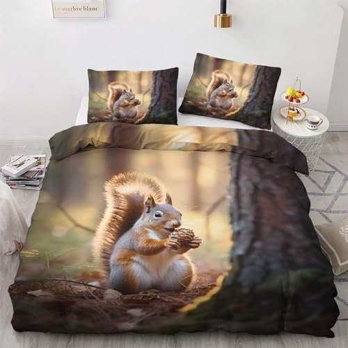 Winter Bettwäsche 135x200 Eichhörnchen - Waldtiere Bettbezug 135 x 200 2er Set, Wendebettwäsche und Kissenbezug 80x80, Weiche & Angenehme & Warme Mikrofaser Bettwäsche-sets mit Reißverschluss