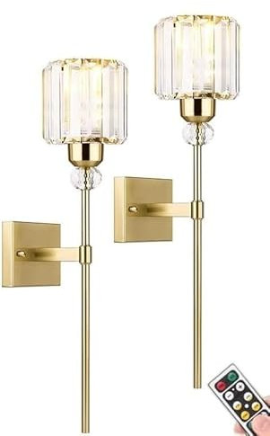Modern Gold Wall Sconces Lighting Battery Operated Set of 2,No Wiring Rechargeable Wall Lights Fixture with Wireless Remote,Clear Glass Long Wall Lamp for Bedroom Bathroom Living Room Vanity Light (C