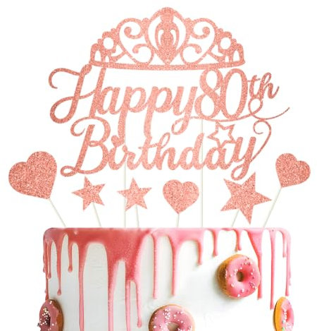 Glitter Happy Birthday Cake Topper Rose Gold Gliter Happy 80th Birthday Cake Topper for Women 80th Birthday Cake Decorations 7PCS by RichMoho