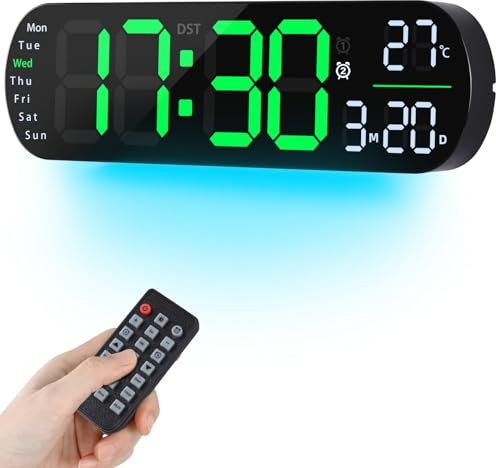 Fuloon Digitale Wanduhr, großes Display LED-Digitaluhr mit Nachtlichtern, 8 RGB-Farben, Fernbedienung, Countdown, dimmbare große Uhr mit Datum, Woche, Temperatur
