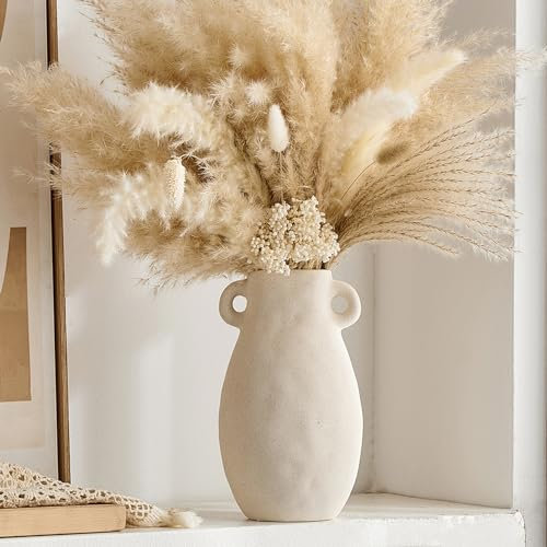 Octdays Rustic Vase Farmhouse Decor: White Ceramic Handle Vintage Flower Vases for Home Shelf Mantel Kitchen Centerpiece Table