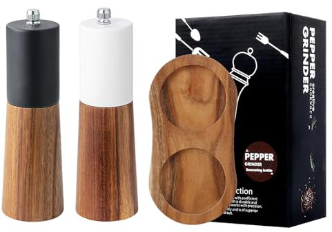 Ulsam Salt and Pepper Grinder Set with Base - 6 Inch Manual Refillable Pepper Grinder, Adjustable Thickness Ceramic Rotor
