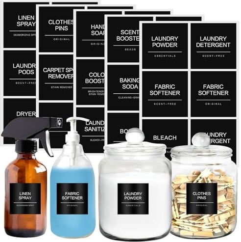 KSIWRE Matte Black Laundry Labels for Jars,30 PCS Minimalist Laundry Stickers for Containers and Bottles,Waterproof Laundry Room Organization Labels Set