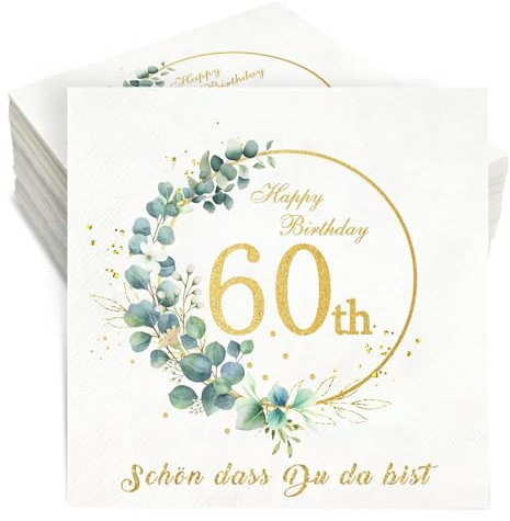 Servietten 60. Geburtstag - 36 Stück Schön Dass Du Da Bist - 3-Lagig Happy Birthday Eukalyptus Tischdeko für Frau Männ Party - Papierservietten 33x33cm