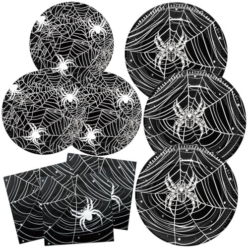 BFB Assiettes en Papier d'Halloween Toile D'araignée, Noir - Lot de 48 Assiettes, Serviettes de Table Jetables, Vaisselle et Fournitures de Fête