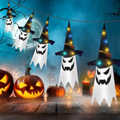 Decorazioni Halloween, 5 Pezzi Fantasma Appeso Con Cappello da Strega, Decori per Interno Casa Giardino Esterno