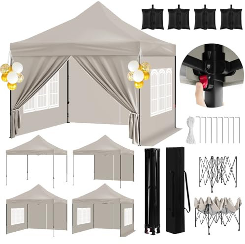 WOLTU Pavillon Das Spitzdach, Faltpavillon mit 4 Seitenwänden und 4 Sandsäcke, Gartenpavillon wasserfest stabil UV-Schutz, Pop Up Partyzelt Outdoor, höhenverstellbar, mit Tragetasche, Beige