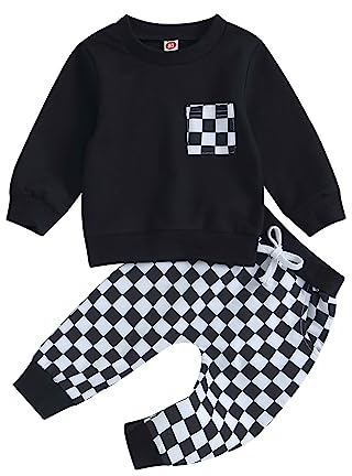Edhomenn Baby Boys Casual Outfits Toddler Boys 2Pcs Clothes | Long Sleeve Sweatshirt Tops with Checkerboard Print Drawstring Pants Sets