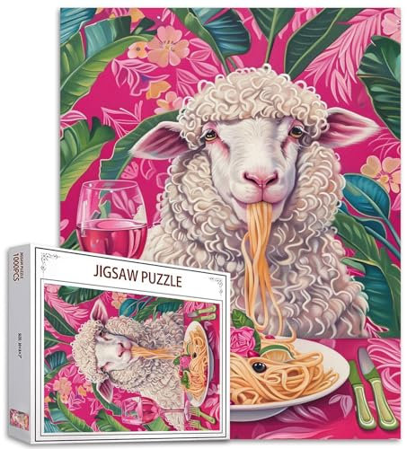 Cute Sheep Dining Pictures Jigsaw Puzzles for Adults,1000 Pieces,Animal Eating Delicious Noodles Drinking Red Wine Puzzle,Birthday Gifts,Multicolor DIY Jigsaw Puzzles for Decor,Perfect Games Nights
