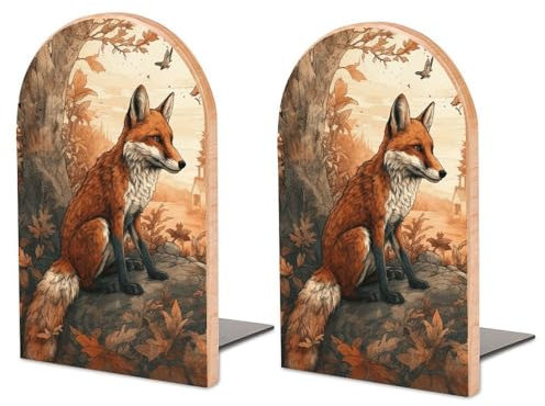 Serre-livres décoratifs en bois pour étagères, bureau, maison, bureau - Motif renard et oiseau