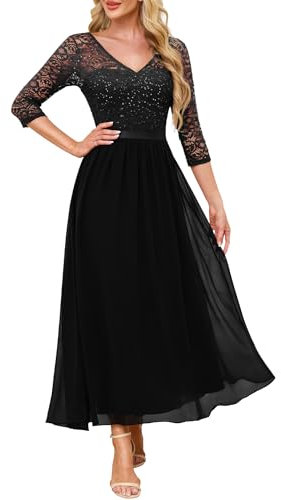 Daisyaner Abend Langes Paillettenkleid für Hochzeit V-Ausschnitt Glitter Chiffon Cocktailkleid Elegantes Kleid Halbe Ärmel Spitzenkleid Graduierung Ballkleider
