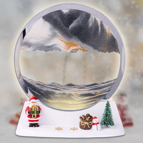 Szoranct Weihnachts-Elemente Sandbilder Zum Drehen Mit LED Licht, 3D Dynamisches Sandbild, Runde Glas Rahmen, Bewegliche Sandkunst Landschaft, Sandbild Sanduhr für Desktop Dekor (7,Schwarz mit Licht)