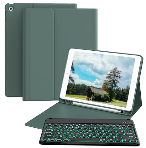 GKABXY Case with Keyboard for iPad 9th/8th/7th Generation (2021/2020/2019) 10.2 Inch, soft TPU back with Pencil holder, 7 colors Backlit Detachable Folio Keyboard case, Auto wake/sleep, Dark Green