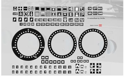 Herd Symbol Aufkleber Set als Kennzeichnung, Symbol Aufkleber für E-Herd und Gas Herd (RPM2/6) (weiße Zeichen auf schwarzen Hintergrund)