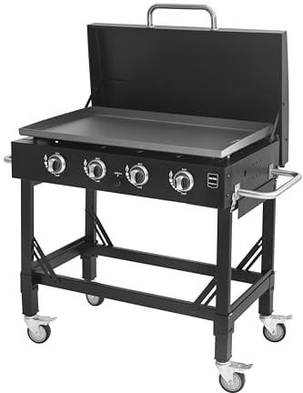 METRO PROFESSIONAL Barbecue a Gas con Piastra Dayton, Acciaio/Acciaio Inox, 4 Bruciatori x 3.7kW, con Ruote, Gambe Pieghevoli, Copertura Protettiva, Nero