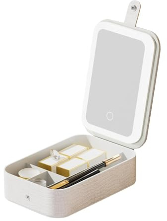 Travel Makeup Mirror with Light, Led Cosmetic Organizer, Crocodile Texture Storage Case, 8.27x5.59x2.17 inches Large-Capacity Travel Vanity with Built-In Lights for Women