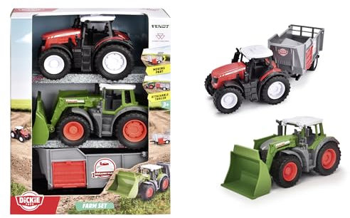 Dickie Toys - Bauernhof-Fahrzeuge Farm-Set (3er-Set) - Fendt und Massey Ferguson Traktor mit Anhänger, Spielzeug-Autos mit Freilauf und beweglichen Teilen für Kinder ab 3 Jahre