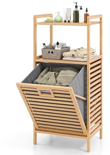 LIFEZEAL Panier à Linge, Corbeille Linge Sale en Bambou avec 2 Étagères, Panier à Linge avec Sac Amovible pour Salle de Bain, Naturel