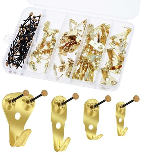JJUNW 120 colgadores de fotos de metal con clavos, 4 tamaños, juego de ganchos para colgar cuadros para clavar, juego versátil para colgar cuadros, espejos, pinturas, fijación de imágenes (dorado)