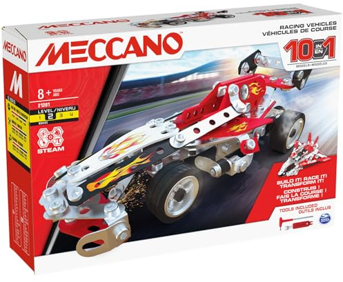 BANDAI - Meccano Veicoli da corsa 10 in 1 - Kit di Costruzione 10 Modelli - 225 pezzi, attrezzi, istruzioni - Kit Attività auto, aerei, barche - Giocattolo Bambini 8+ - APM20104
