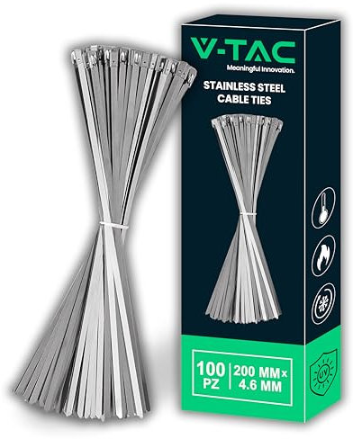 V-TAC Fascette in Acciao Inox per Cavi misura 4.6 mm x 200 mm - Confezione 100 Pezzi - Fascette per Cablaggio Multiuso - Stringicavo Portacavi Fermacavi per Elettricista, Meccanico, Tubi Ferro