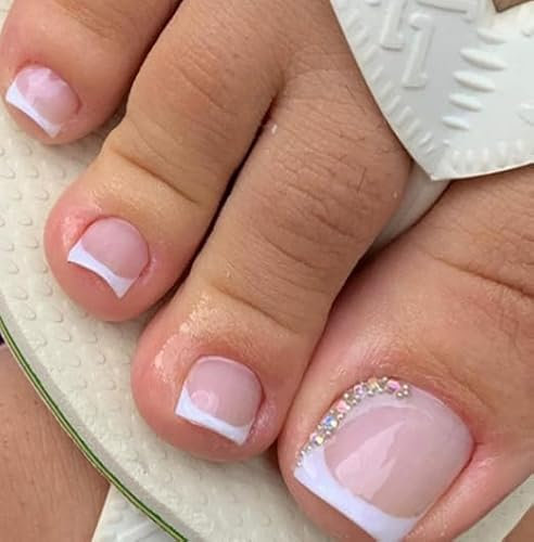 French False Toenails - 24pcs Short Square Toe Nails False With Glitter Rhinestones - Nude Pink Press On Nails With Glue - Acrylic Full Cover Summer Stick On Toenails For Women Girls Daily Decorations