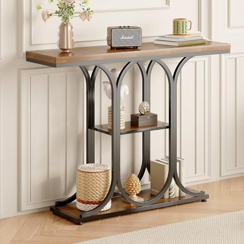 Tohomeor Narrow Console Table for Entryway Industrial Sofa Table Behind Couch Ellipse Frame Rustic Wooden Accent Tables with Storage Shelves for Living Room, Hallway, Foyer (Rustic Brown)
