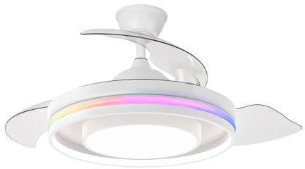 Ventilador de techo retráctil Pitufo Blanco | Lampara ventilador de techo juvenil con mando y luz 57W 3990Lm regulable y RGB