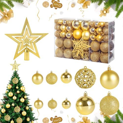 Weihnachtskugeln Gold 101pcs, Weihnachtsbaum Kugeln Set Matt, Glänzend, Glitzernd, Christbaumkugeln Gold für Neujahrsparty Hochzeit Feiertag Weihnachtsdeko (3,4,6cm)