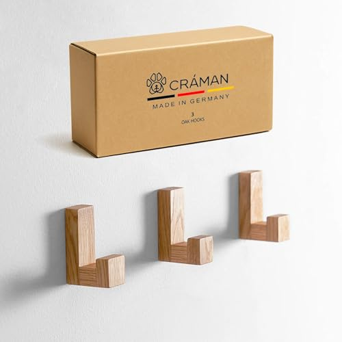 Craman Ein Haken – Selbstklebender Wandhaken aus Eiche, quadratisch; ohne Bohren, Abziehen & Ankleben; Handtuch-/Kleiderhaken für Bad, Küche, Flur | HSA5 (3er SET size S)
