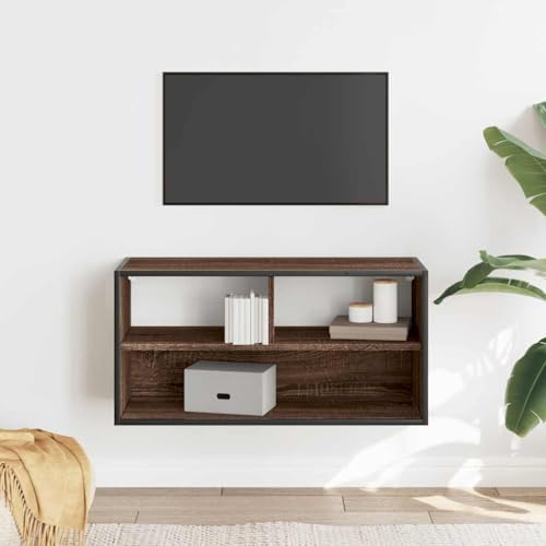 Homvdxl Kleine schwebende TV-Einheit mit offenen Fächern, 80 cm, Wandschrank mit Ablagefach und Metallrahmen, für Wohnzimmer, Schlafzimmer, Küche - Braun + Eiche