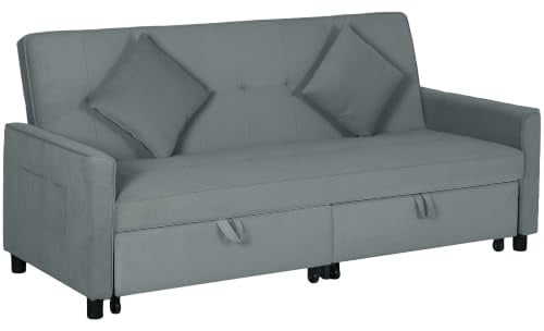 HOMCOM Schlafsofa 3-in-1 3-Sitzer Sofa 196x90cm mit Schlaffunktion Grau | Klappbares, Verstellbare Rückenlehne, Umkehrbare Ecksofa, Wurfkissen, Samtoptik, Couch, Wohnzimmer, Schlafzimmer