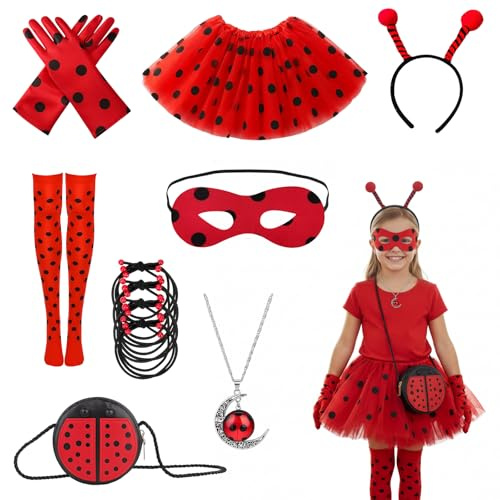 JrnSvp Ladybug Kostüm, Karneval Kostüm Damen, 11 Teilig Faschingskostüme Damen Beinhaltet Ladybug Haarband, Kleid, Tasche usw, für Halloween Verkleidung Karneval Cosplay