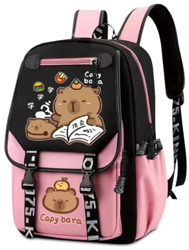 WFKKMEQ Capybara Kinderrucksack, Rucksäcke Schulranzen Cartoon Rucksack Schulrucksack Leichter Freizeit Büchertasche Tagesrucksack Taschen Doppel Schultertasche für Kinder(Rosa)(C)