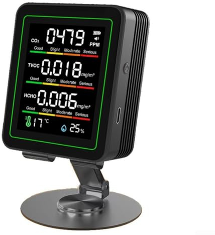 Luftqualitätsmonitor für den Innenbereich, 5 Parameter in einem Gerät – Farbcodierte Warnhinweise, wiederaufladbarer 1200 mAh Li-Akku, inkl. Halterung, für Office, Lager, Wohnraum(BLACK)